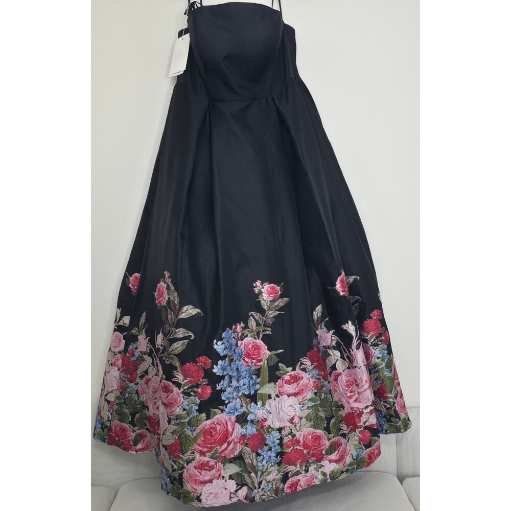 Mac Duggal Black Floral Brocade Bottom Strapless Maxi Dress Sz 16 NWT - Picture 2 of 12